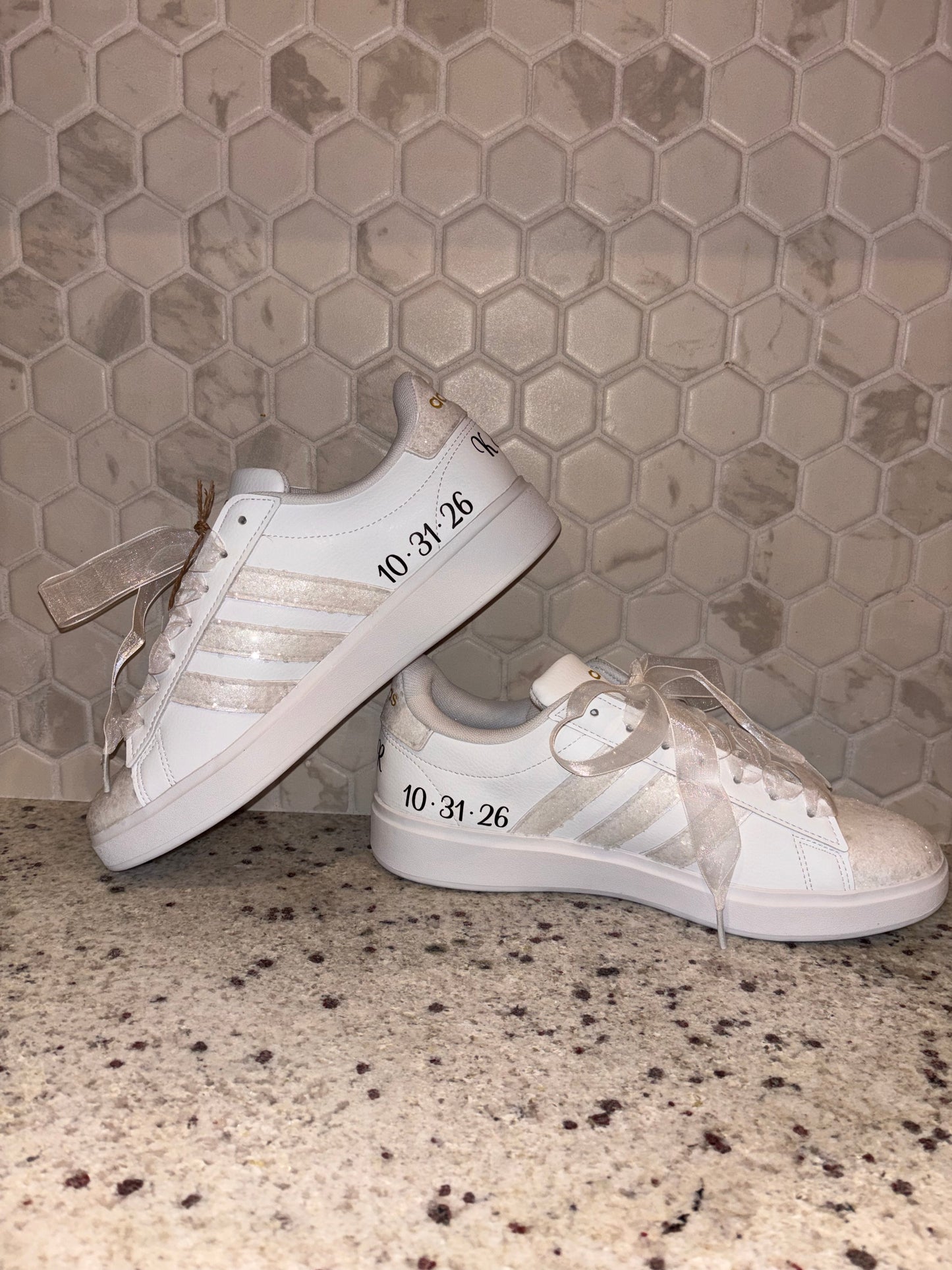 Custom Glitter Bridal Sneakers | Luxury Personalized Wedding Shoes for Bride with or without writting (White Glitter),