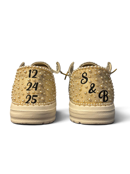 Custom Bridal Shoes| Pearl Wedding Loafer for Bride (Gold Metallic Glitter Edition)