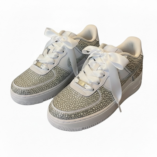 Custom Bridal AF1 Sneakers | Luxury Personalized Wedding Shoes for Bride (Blinged with Satin Laces)