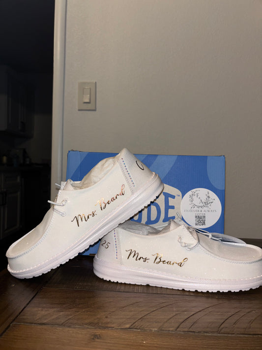 Womens / Wedding Custom Sparkly White Dude Shoes (Stardust) - Perfect a Bridal shower gift, Anniversary gift, Christmas Gift, Gift for her.
