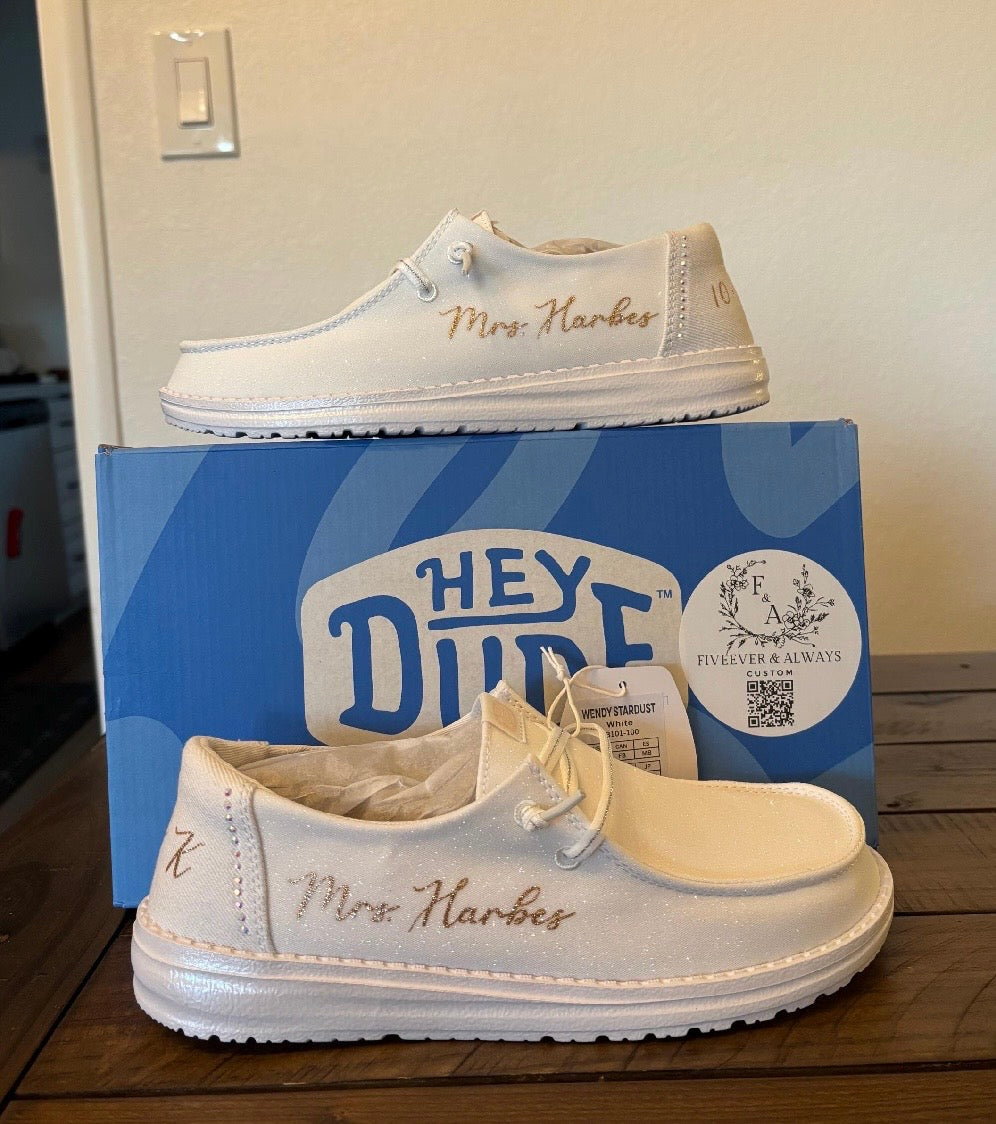 Womens / Wedding Custom Sparkly White Dude Shoes (Stardust) - Perfect a Bridal shower gift, Anniversary gift, Christmas Gift, Gift for her.
