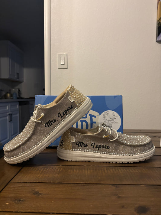 Custom Wedding/Pearl Gold Metallic Dude Shoes - Perfect Bridal shower gift, Anniversary gift, Christmas Gift, Gift for her, and more