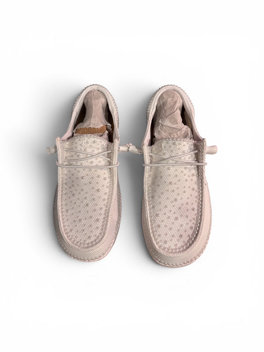 Fiveever & Always Custom white pearl bridal loafers featuring hand-applied small pearls on lightweight fabric shoes.