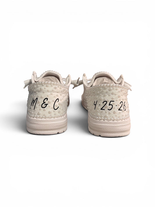 Fiveever & Always Custom white bridal loafers featuring hand-applied pearls and personalized date and initials