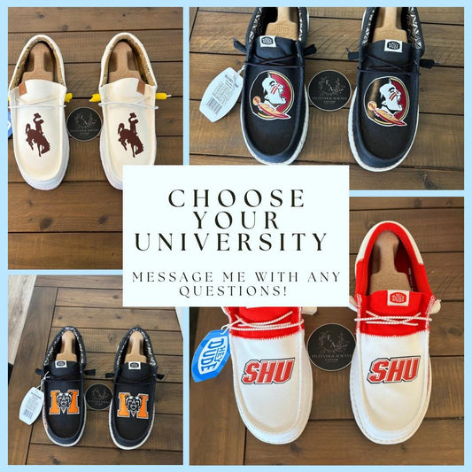 University logo HeyDude Shoes- You Choose! perfect Christmas gift, birthday gift, graduation gift, anniversary gift, tailgates & more :)