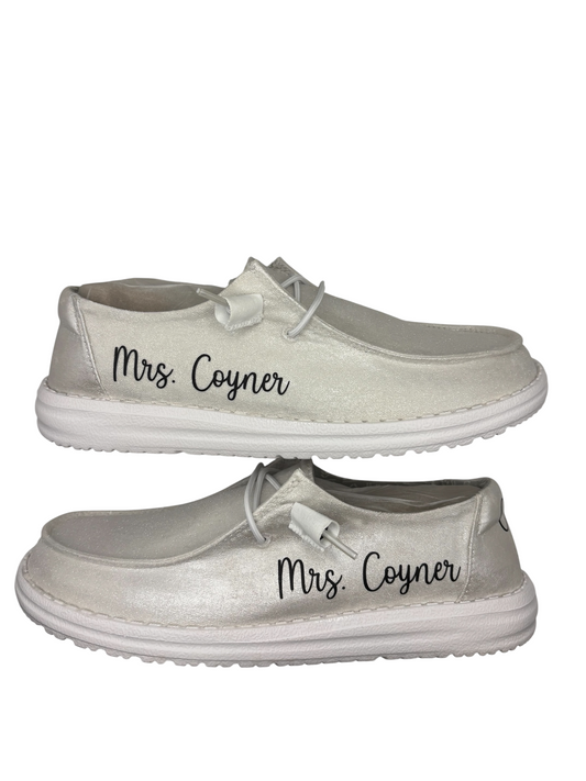 Custom Glitter Wedding Shoe | White Sparkly Metallic Wedding Loafer for Bride